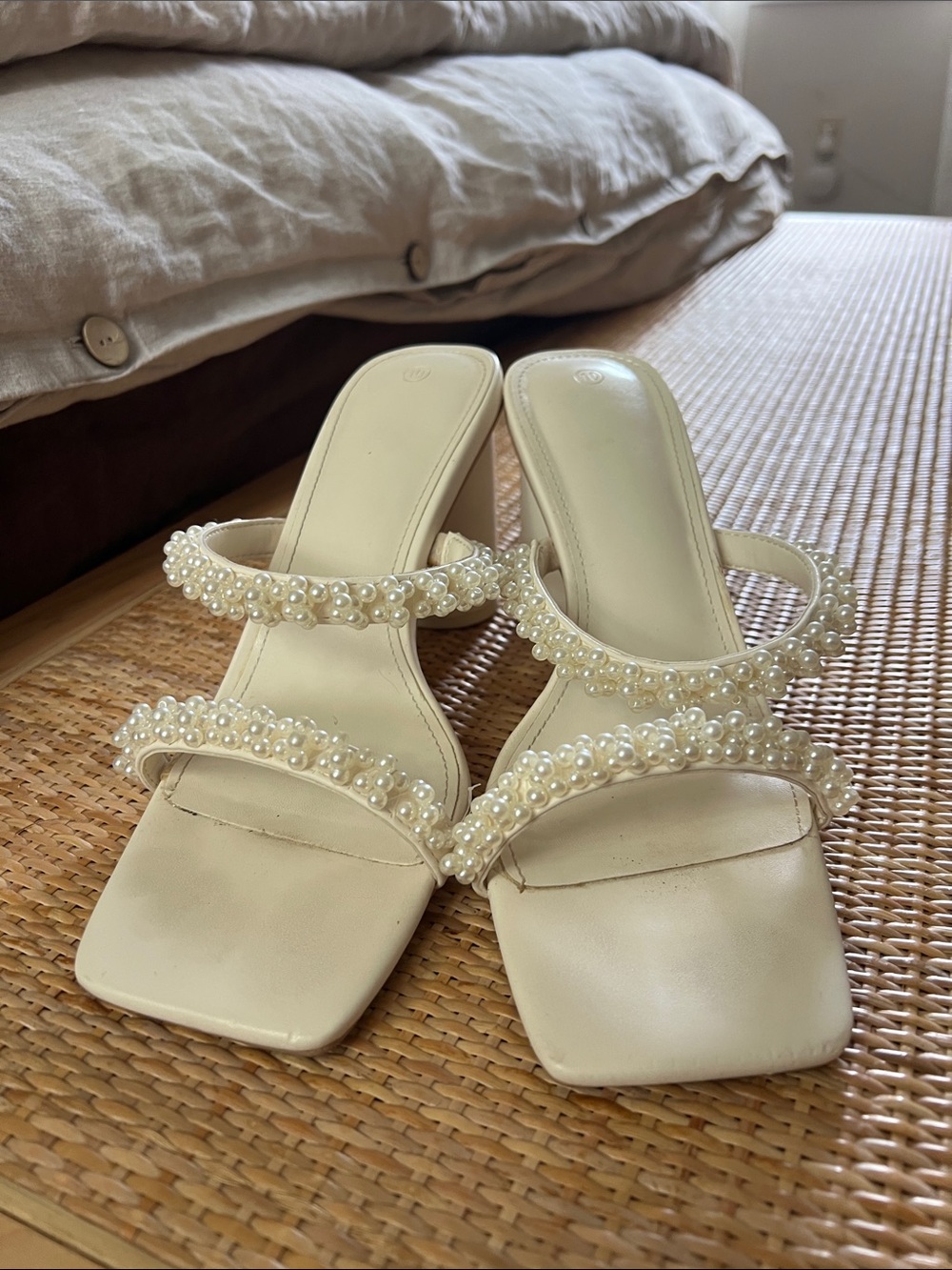 Pearl-Trim Cream Strappy Heeled Sandals for Women